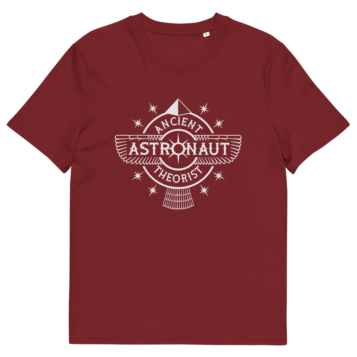 Burgundy t-shirt with "ANCIENT ASTRONAUT THEORIST" logo.
