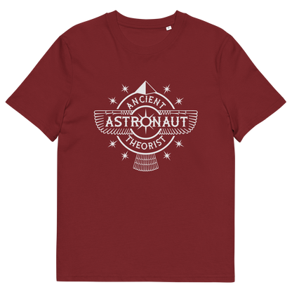 Burgundy t-shirt with "ANCIENT ASTRONAUT THEORIST" logo.