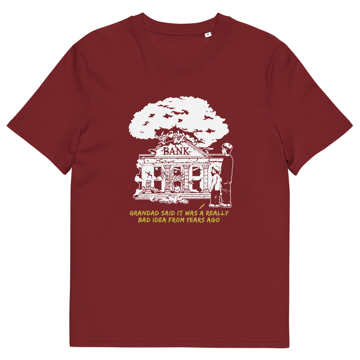 Burgundy t-shirt  with a design of a run down Bank.