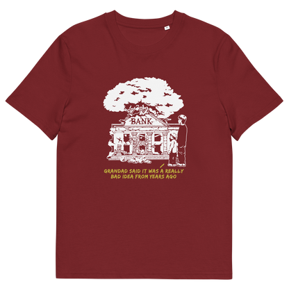 Burgundy t-shirt  with a design of a run down Bank.