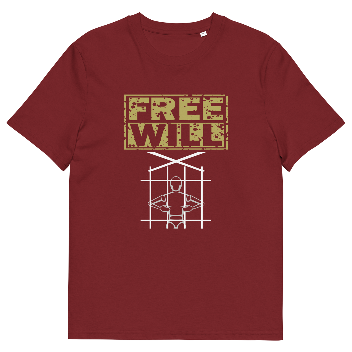 A red t-shirt with "FREE WILL" text above a puppet in prison.