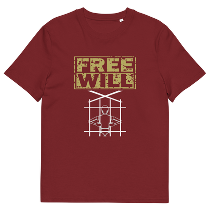 A red t-shirt with "FREE WILL" text above a puppet in prison.