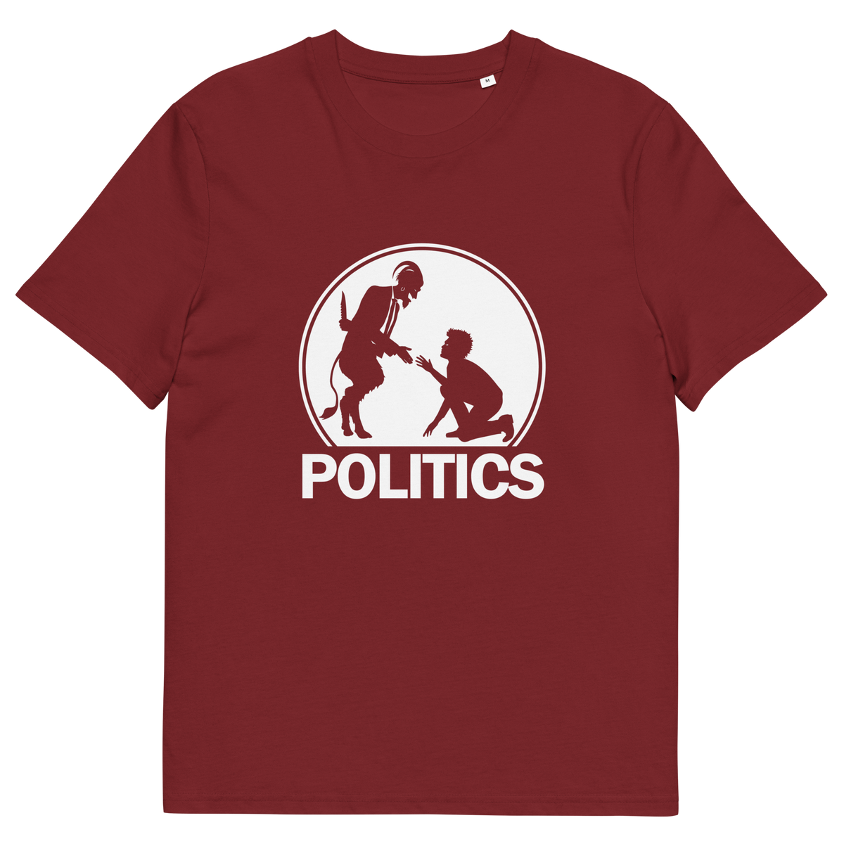 A burgundy t-shirt with a white graphic print on the chest. The graphic features a circular silhouette illustration of a standing figure reaching toward a kneeling figure, with the word 'POLITICS' printed in bold white capital letters underneath.