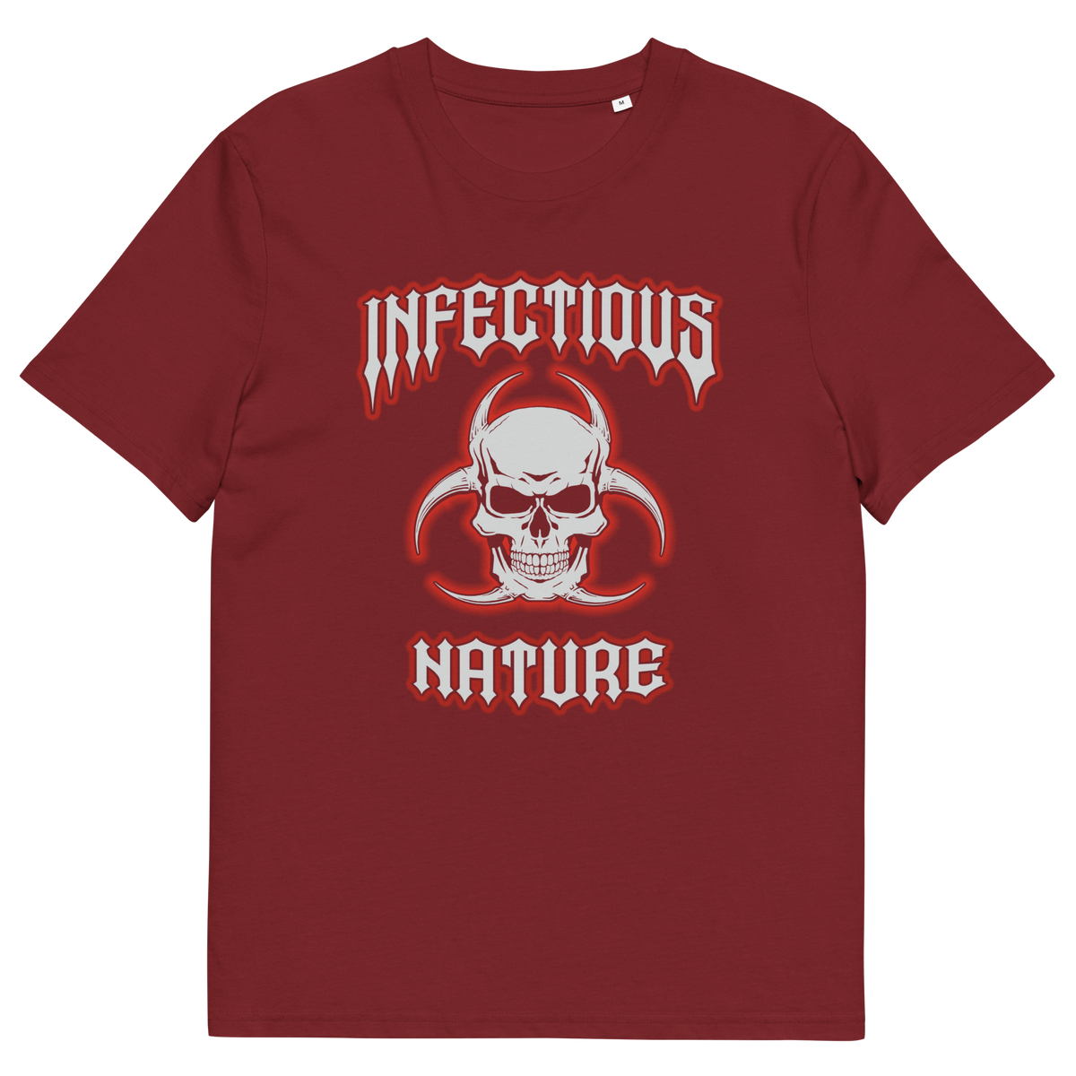 A burgundy t-shirt with a skull and biohazard logo and "INFECTIOUS NATURE" text.