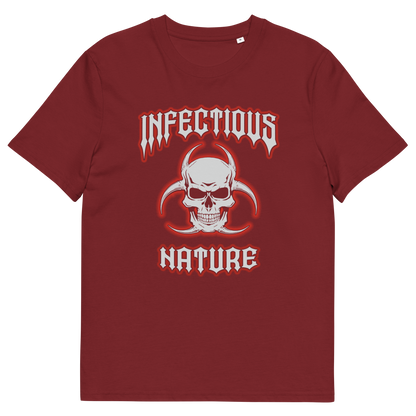 A burgundy t-shirt with a skull and biohazard logo and "INFECTIOUS NATURE" text.