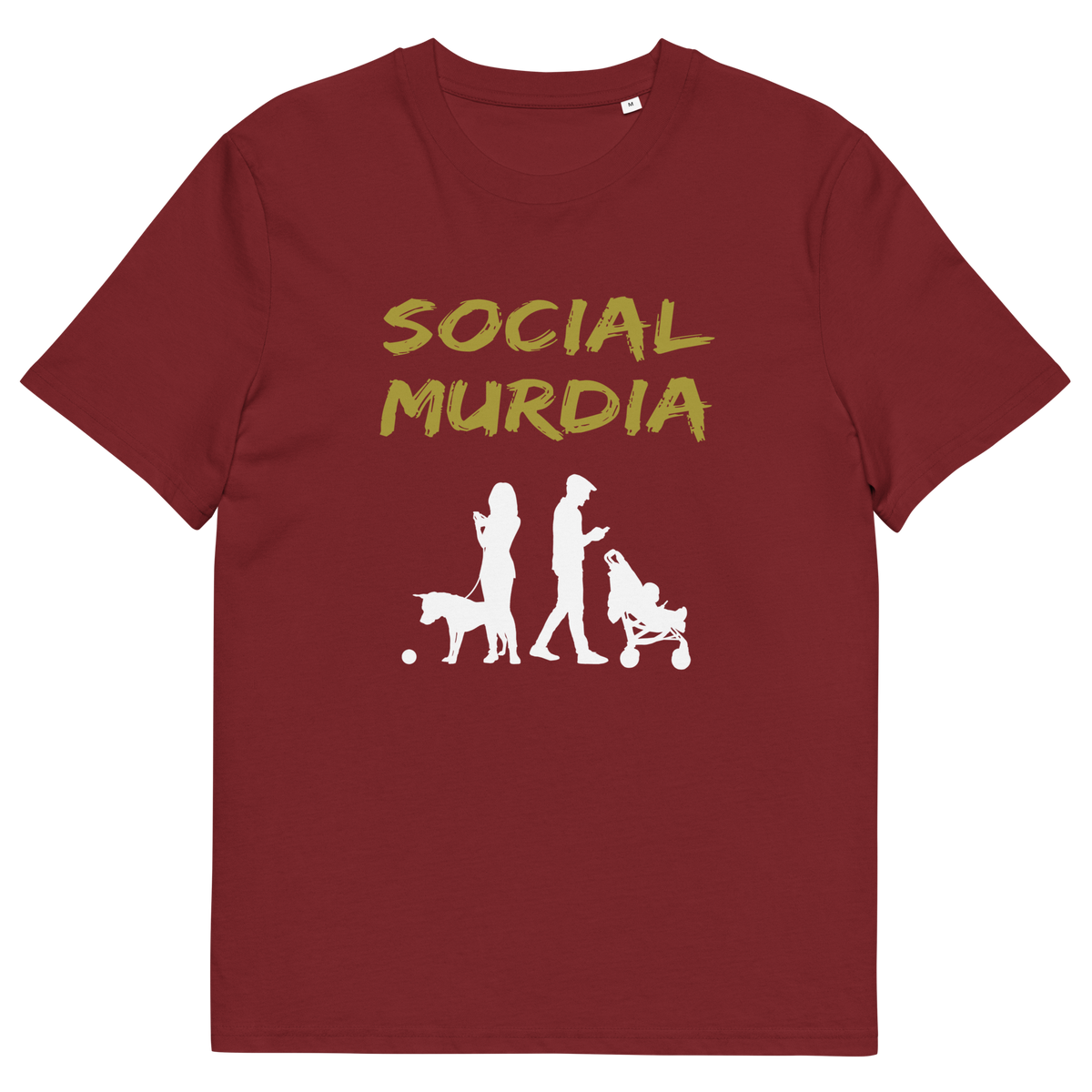 A burgundy t-shirt with a silhouette of two people on the phone while ignoring a dog and a baby and the text "SOCIAL MURDIA".