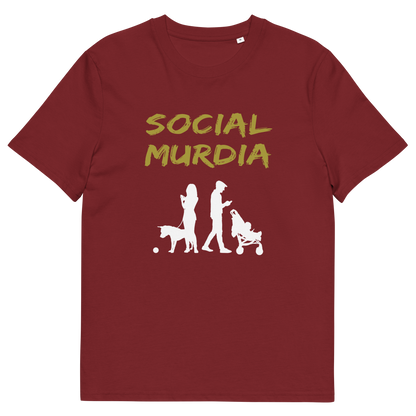 A burgundy t-shirt with a silhouette of two people on the phone while ignoring a dog and a baby and the text "SOCIAL MURDIA".