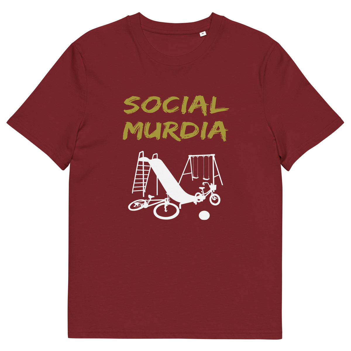 A burgundy t-shirt with a silhouette of an empty playground and the text "SOCIAL MURDIA".
