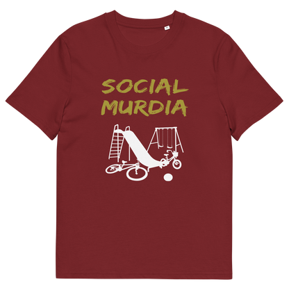 A burgundy t-shirt with a silhouette of an empty playground and the text "SOCIAL MURDIA".