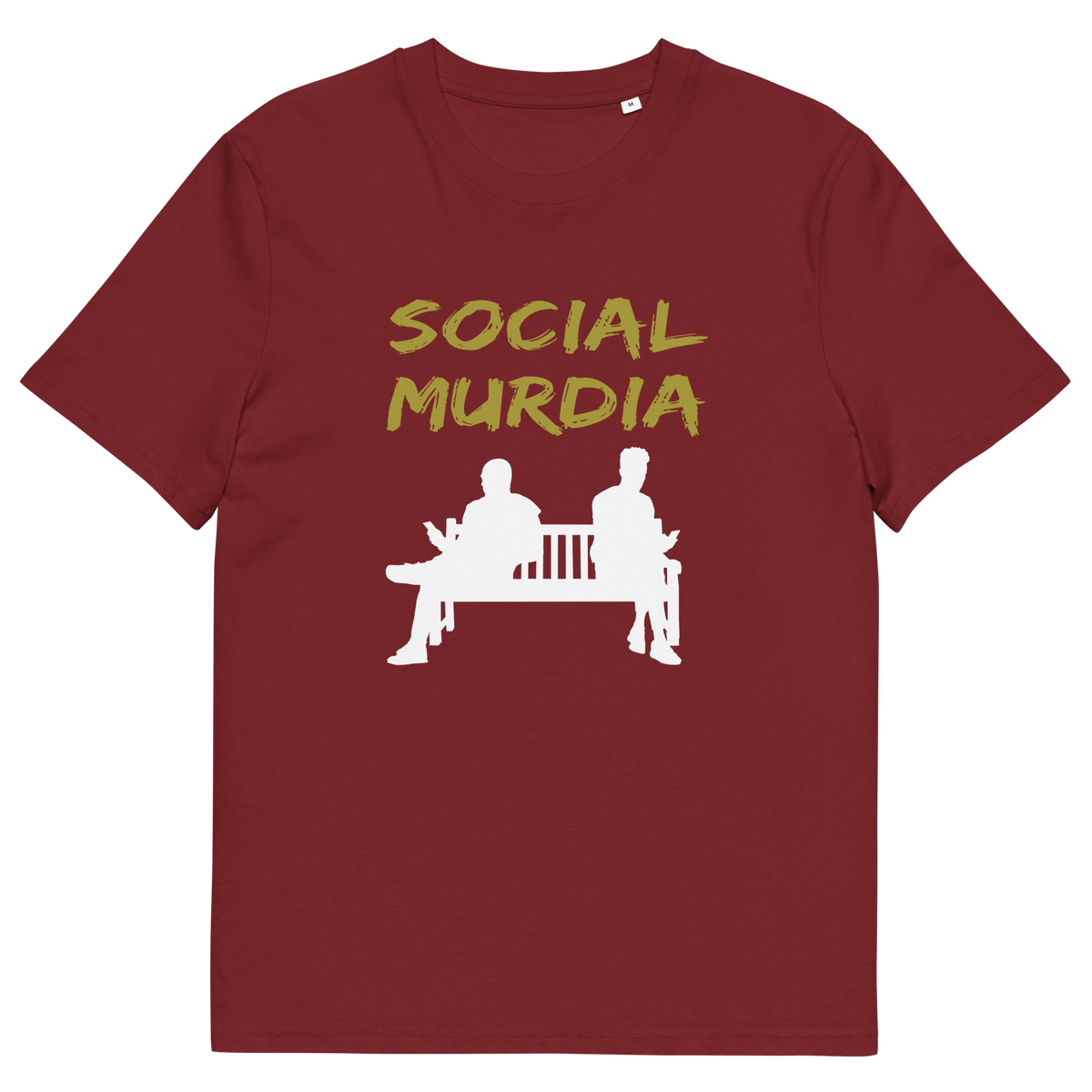 A burgundy t-shirt with a graphic print on the front. The print features the words 'SOCIAL MURDIA' in a textured mustard yellow font above a white silhouette of two people sitting on a bench.
