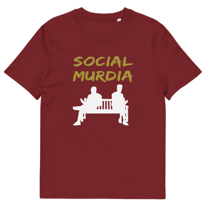 A burgundy t-shirt with a graphic print on the front. The print features the words 'SOCIAL MURDIA' in a textured mustard yellow font above a white silhouette of two people sitting on a bench.