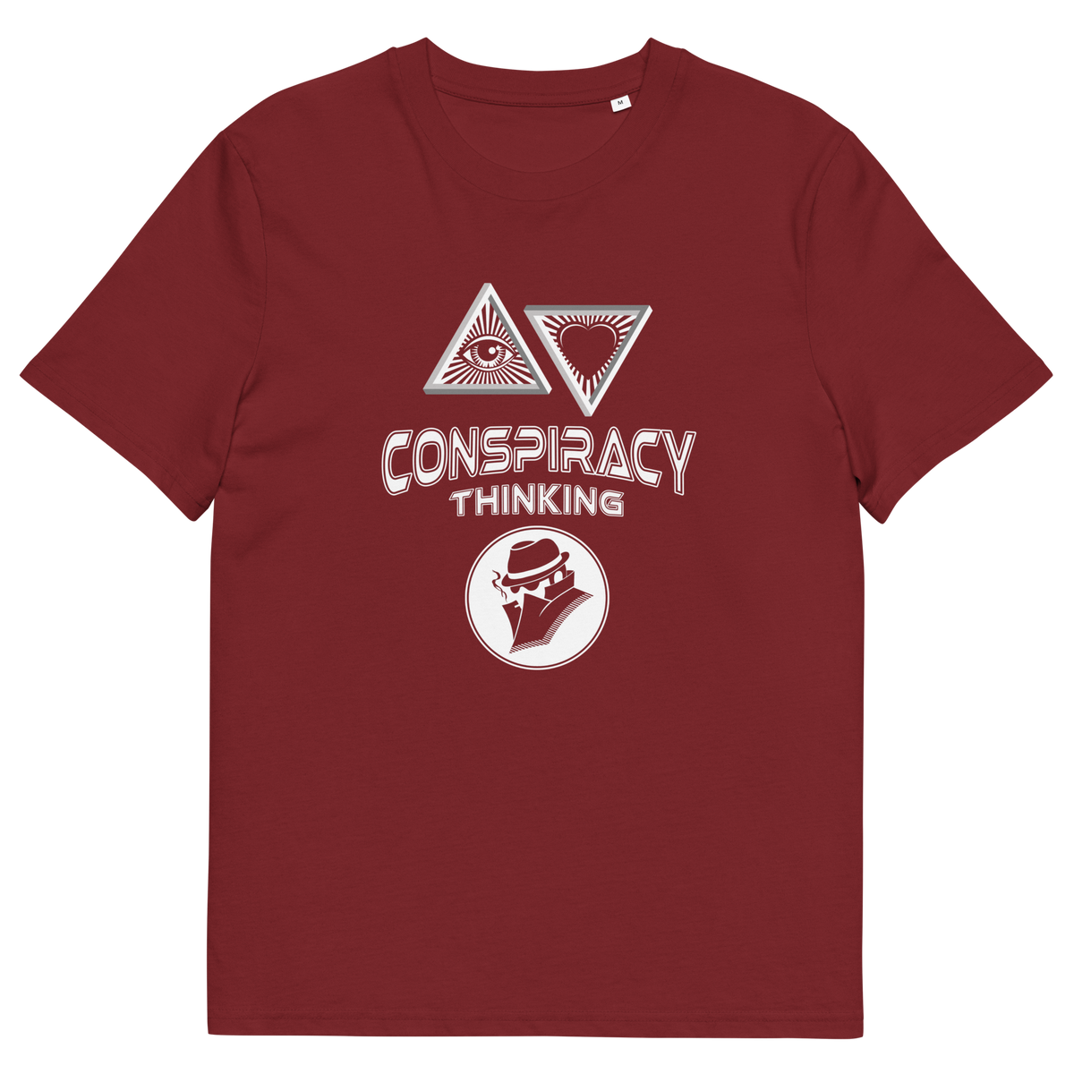 A burgundy short-sleeve crewneck t-shirt with a white graphic print on the front. The graphic features two triangles enclosing eyes and a heart, the words 'CONSPIRACY THINKING' in a distressed stencil font, and a circular logo of a man in a fedora and suit.