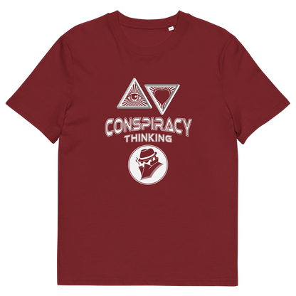 A burgundy short-sleeve crewneck t-shirt with a white graphic print on the front. The graphic features two triangles enclosing eyes and a heart, the words 'CONSPIRACY THINKING' in a distressed stencil font, and a circular logo of a man in a fedora and suit.