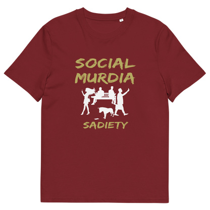 A burgundy short-sleeve crewneck t-shirt with a graphic print on the front. The print features the words 'SOCIAL MURDIA' in a textured gold font, a white silhouette of a group of people on smartphones and a dog, and the word 'SADIETY' in the same gold font below.