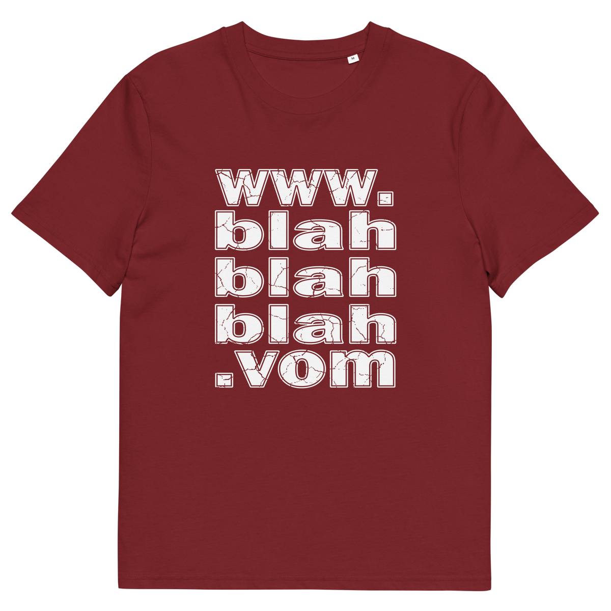 Burgundy t-shirt with "www.blahblahblah.vom" text design.