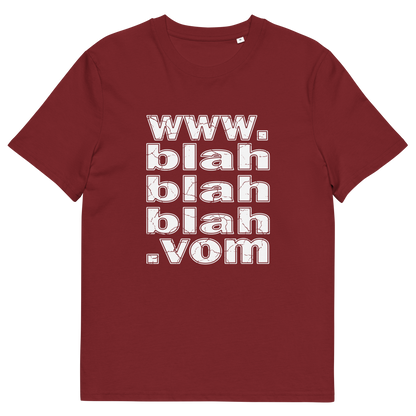 Burgundy t-shirt with "www.blahblahblah.vom" text design.
