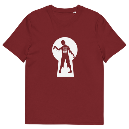 A burgundy  short sleeved t-shirt with a zombie through a key hole design with "DON'T BE BLINDED BY THE HIVE MINDED" text.
