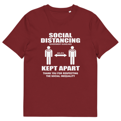 A burgundy short-sleeve crewneck t-shirt with a white graphic print on the front. The graphic features the text 'SOCIAL DISTANCING' and 'KEPT APART' with stick figures representing the recommended distance, labelled 'MILES'.