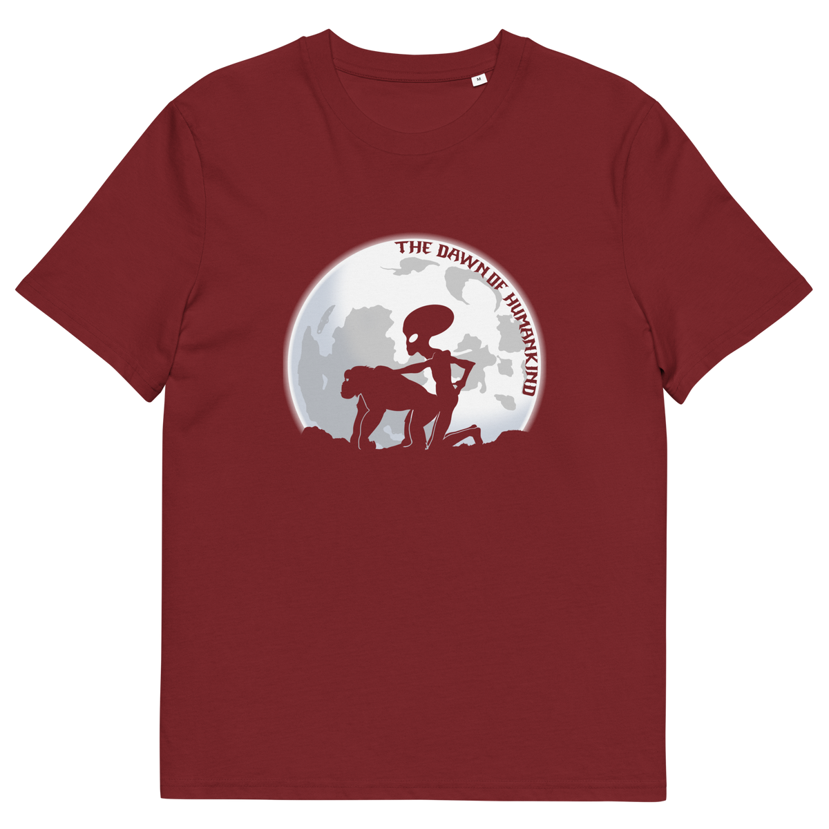 A burgundy, short sleeved, crew neck t-shirt with the silhouette of an alien and a monkey in front of the moon with the text "THE DAWN OF HUMANKIND".
