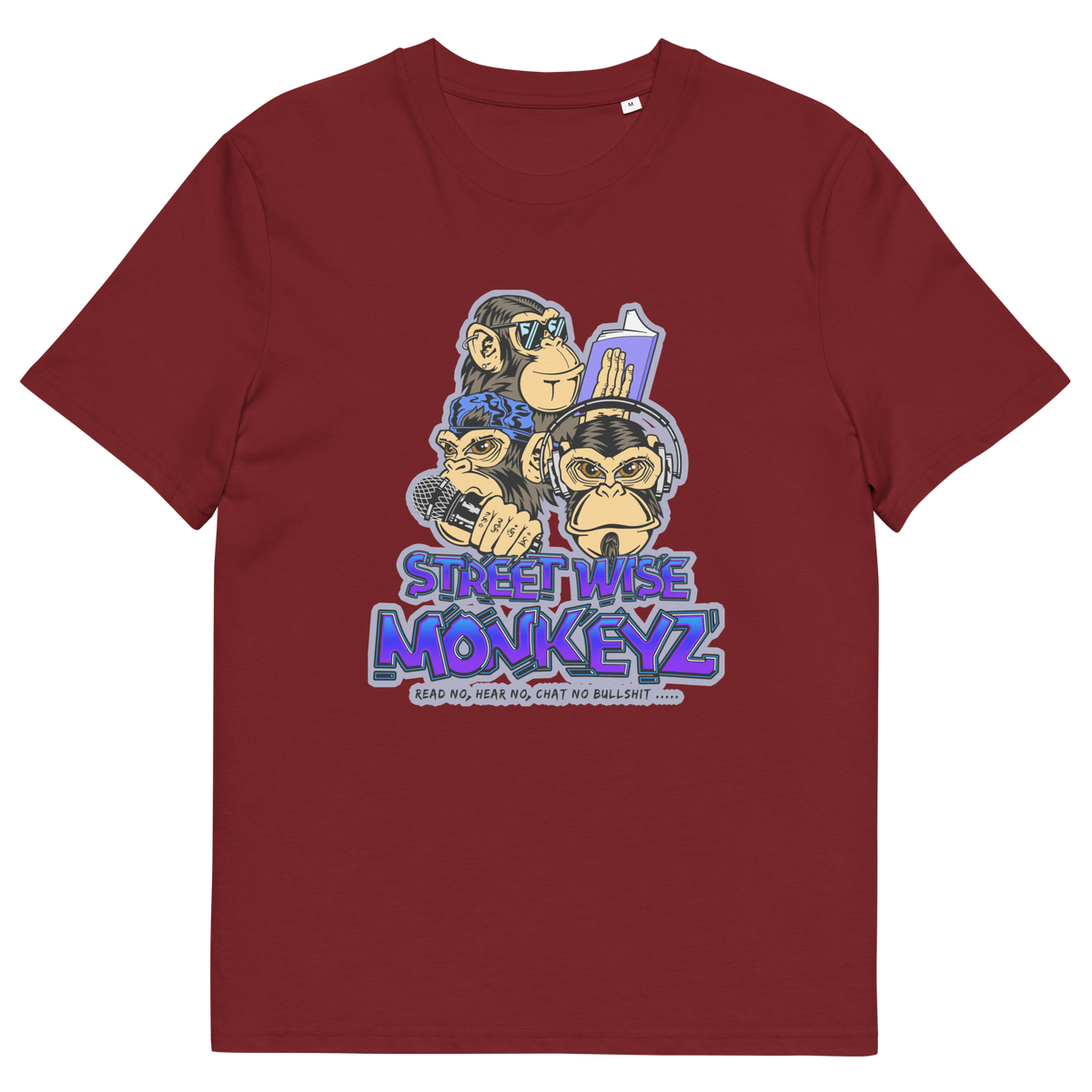 A burgundy short-sleeve crewneck t-shirt featuring a colourful graphic print of three cartoon monkeys with the text 'STREET WISE MONKEYZ' in purple and blue.