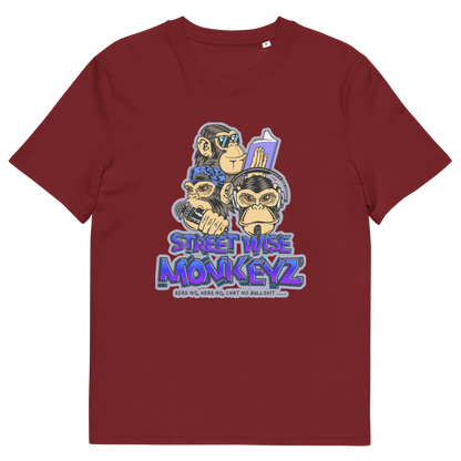 A burgundy short-sleeve crewneck t-shirt featuring a colourful graphic print of three cartoon monkeys with the text 'STREET WISE MONKEYZ' in purple and blue.