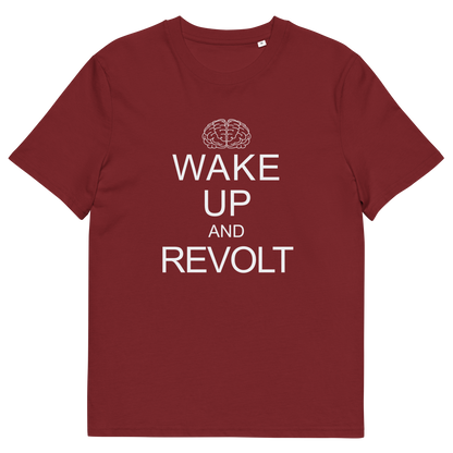 A burgundy  short-sleeve crewneck t-shirt with a white graphic print on the front. The print features a simple line-art brain icon above the text 'WAKE UP AND REVOLT' in a bold, sans-serif font, styled like the classic 'Keep Calm' poster.