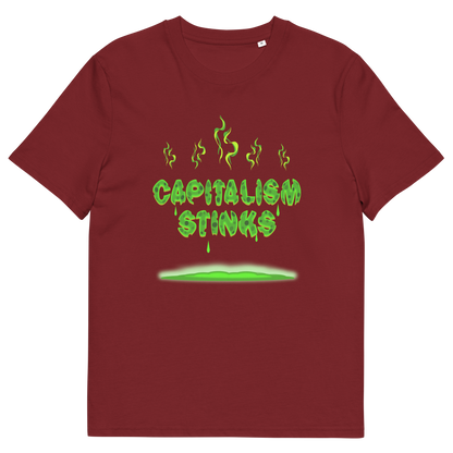 A burgundy short sleeved crew neck t-shirt with "CAPITALISM STINKS" printed in a mouldy green cheese style.