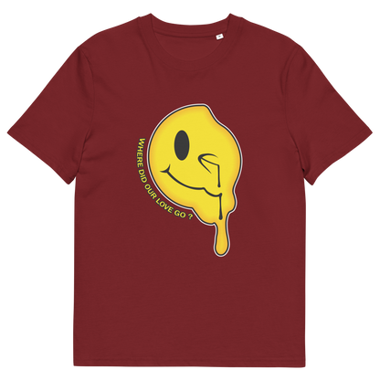 A burgundy  short sleeved crew neck t-shirt with a yellow dripping smiley face and the text "WHERE DID OUR LOVE GO?".
