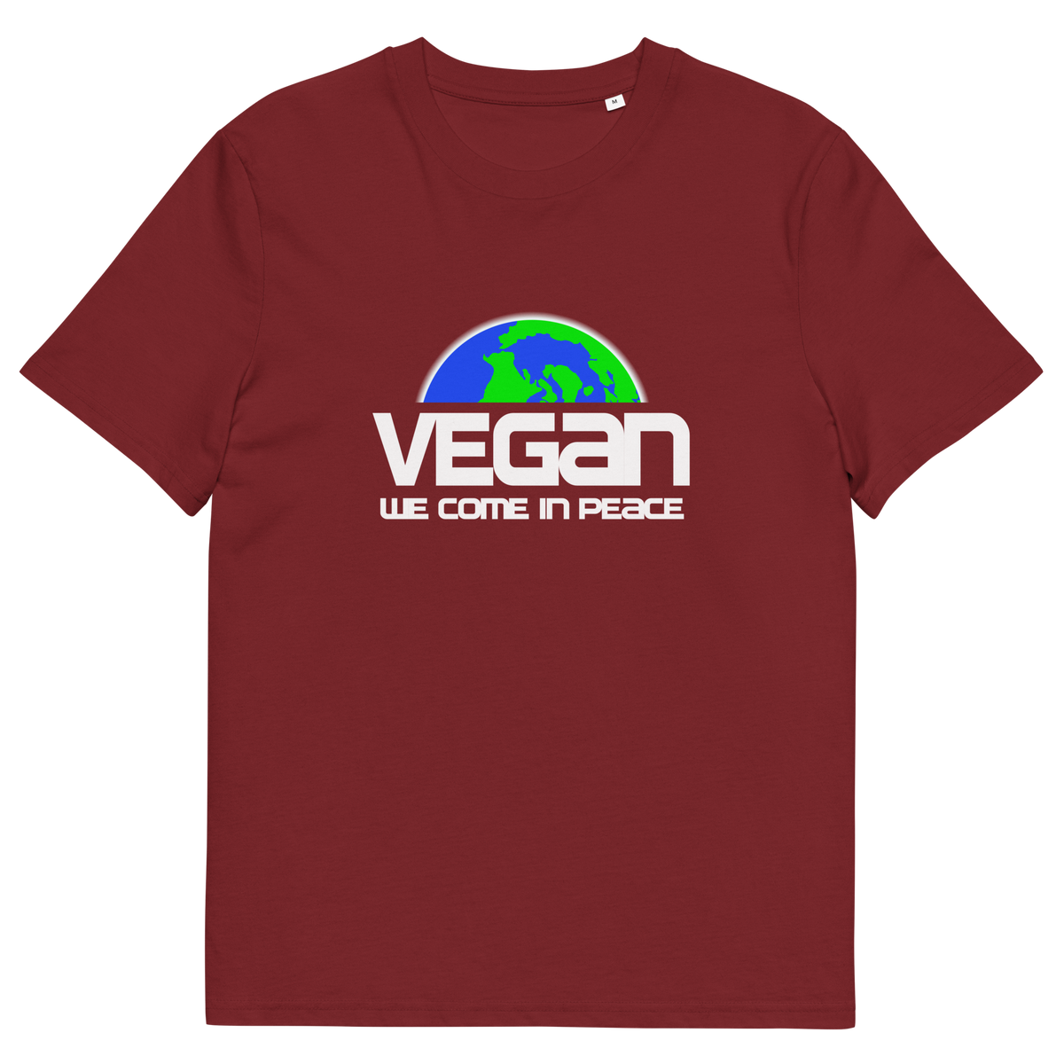 A burgundy short sleeved crew neck t-shirt with a graphic of half a globe with the text "VEGAN WE COME IN PEACE" under it.