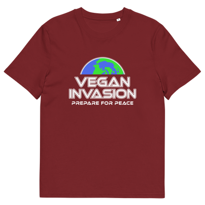 A burgundy short sleeved crew neck t-shirt with a graphic of half a globe with the text "VEGAN INVASION, PREPARE FOR PEACE" written in white underneath,