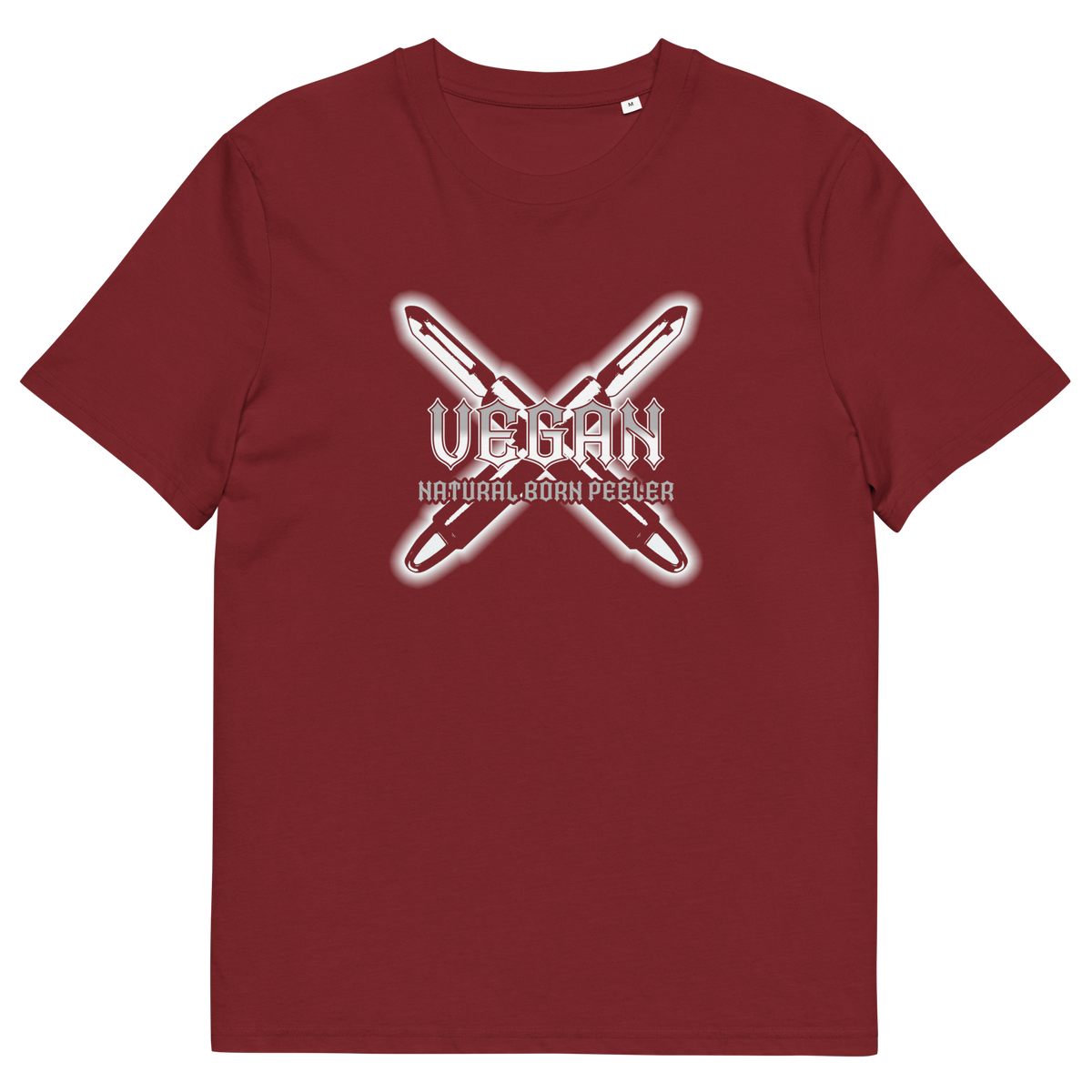 A burgundy short sleeved crew neck t-shirt with a graphic of two crossed vegetable peelers and the text "VEGAN, NATURAL BORN PEELER" printed over the top.