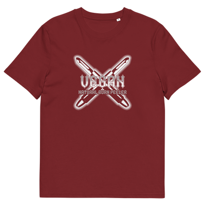 A burgundy short sleeved crew neck t-shirt with a graphic of two crossed vegetable peelers and the text "VEGAN, NATURAL BORN PEELER" printed over the top.