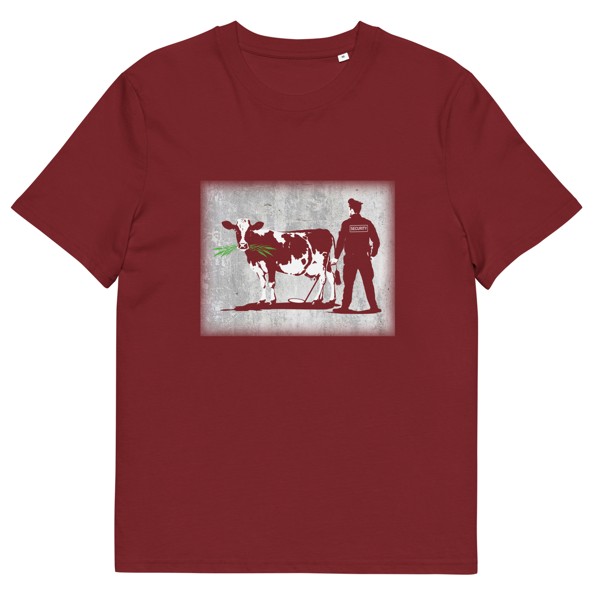 A burgundy  short sleeved crew neck t-shirt with a graffiti stencil design of a cow being checked by a security guard.