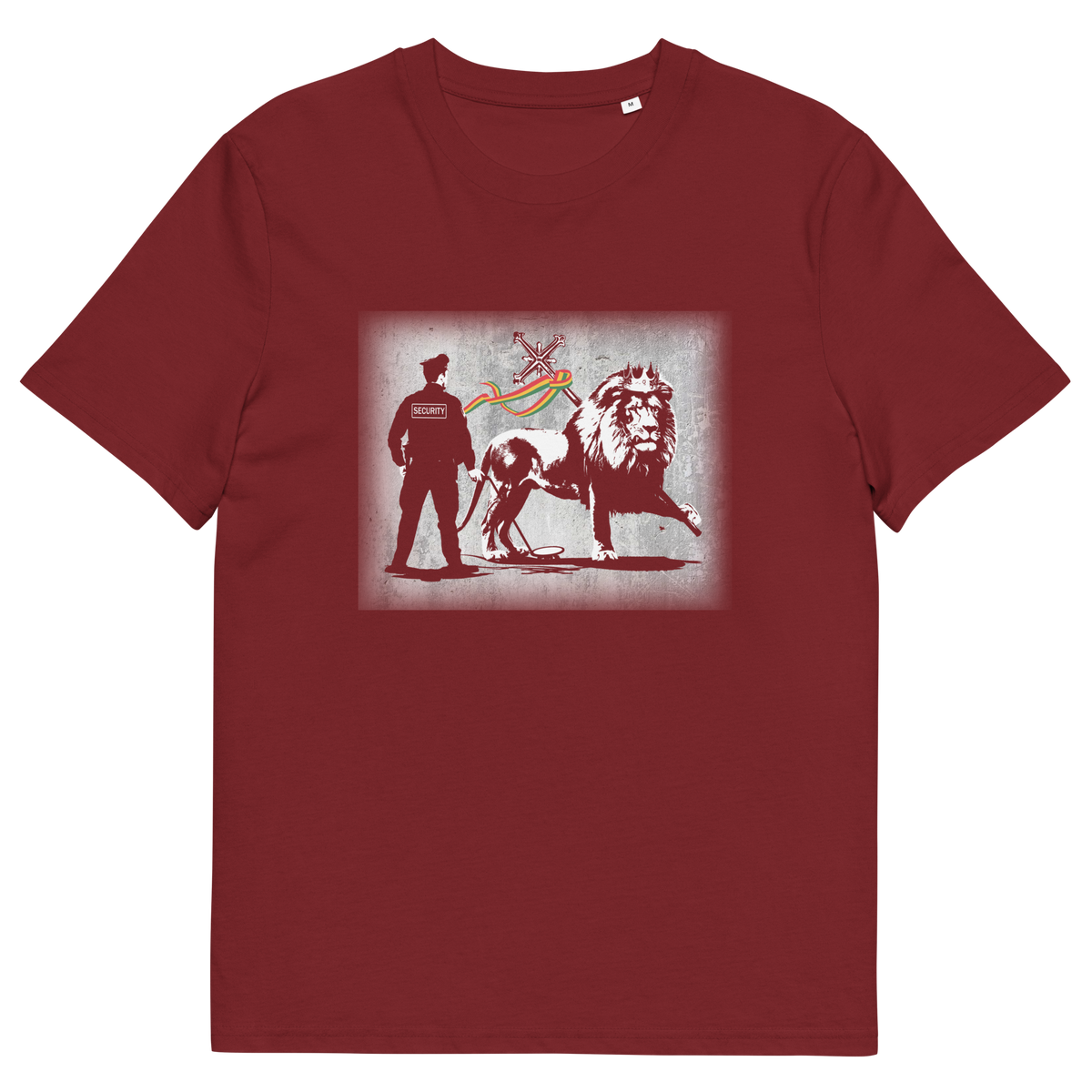 A burgundy short sleeved crew neck t-shirt with a graffiti stencil design of a security guard checking the underside of the Lion of Judah for explosives.