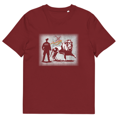 A burgundy short sleeved crew neck t-shirt with a graffiti stencil design of a security guard checking the underside of the Lion of Judah for explosives.