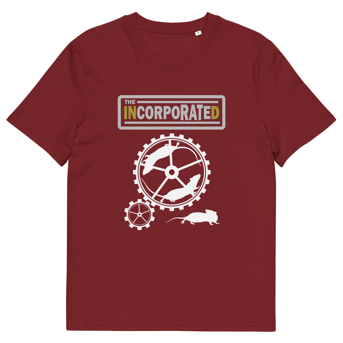 A burgundy short sleeved crew neck t-shirt with a text heading of " The Incorporated" above an image of rats running around a wheel.