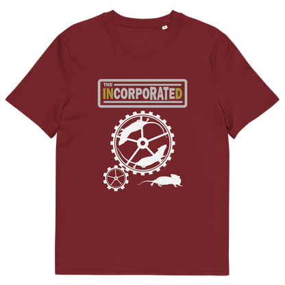 A burgundy short sleeved crew neck t-shirt with a text heading of " The Incorporated" above an image of rats running around a wheel.