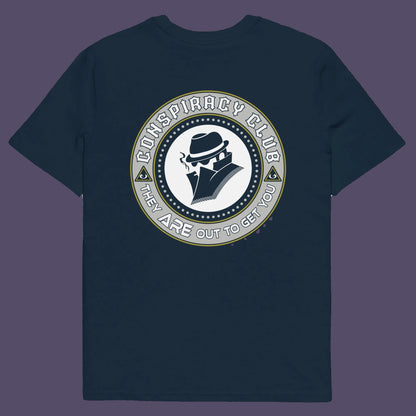 French navy t shirt back. A conspiracy theorist t shirt. These days there's a conspiracy theory for every occasion, join the club, expand your alternative imagination. Think outside the box. Underground art on apparel. Made from 100% organic ring-spun cotton, these conspiracy theory t shirts are unisex, high-quality, super comfy, and best of all, eco-friendly.