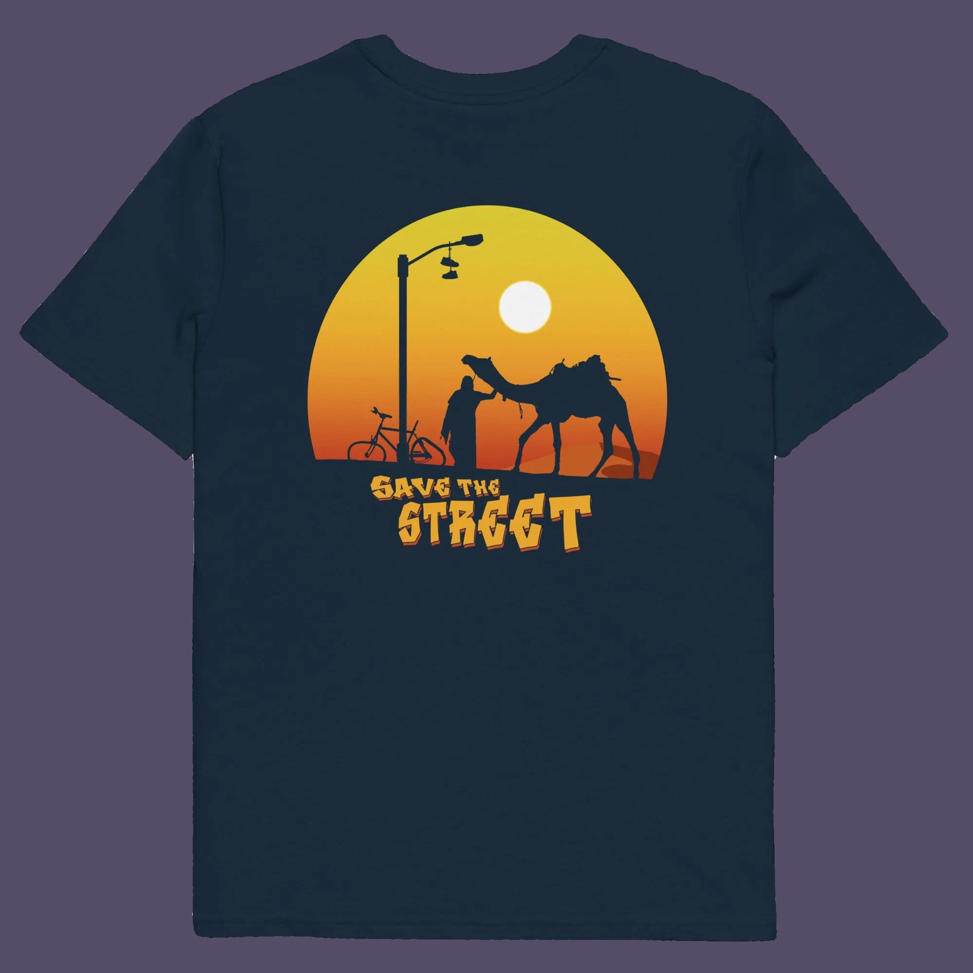 French navy t shirt back. This street art t shirt stencil represents inner city street life as a culture of it's own. There is a ground level reality mixed with trustworthy honestly at street level in towns and cities across the planet. Wherever you are in the world, may the street be with you. Made from 100% organic ring-spun cotton, this urban art t shirt is unisex, high-quality, super comfy, and best of all, eco-friendly.