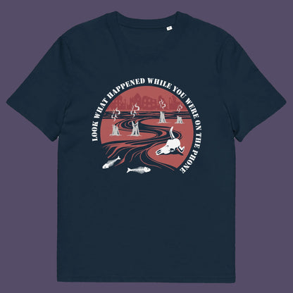 French navy t shirt An anti mobile phone abuse theme mixed with a save the earth t shirt. This design is a harsh view of what's happening to the planet while people are distracted by their phones. Made from 100% organic ring-spun cotton, this save the planet t shirt is unisex, high quality, super comfy, and best of all, eco-friendly.