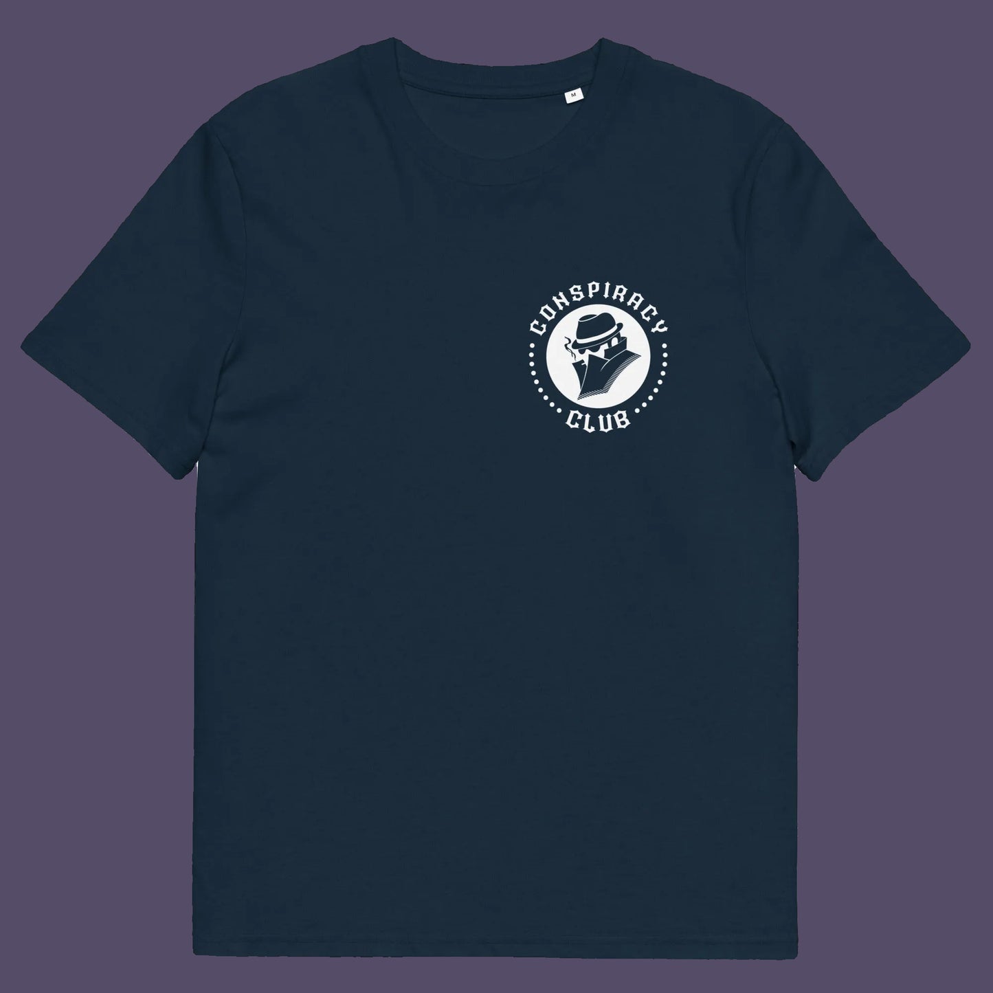 French navy t shirt front. A conspiracy theorist t shirt. These days there's a conspiracy theory for every occasion, join the club, expand your alternative imagination. Think outside the box. Underground art on apparel. Made from 100% organic ring-spun cotton, these conspiracy theory t shirts are unisex, high-quality, super comfy, and best of all, eco-friendly.