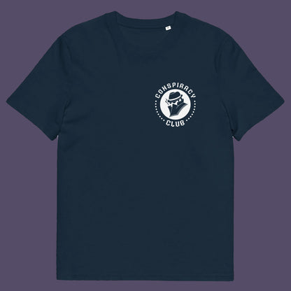 French navy t shirt front. A conspiracy theorist t shirt. These days there's a conspiracy theory for every occasion, join the club, expand your alternative imagination. Think outside the box. Underground art on apparel. Made from 100% organic ring-spun cotton, these conspiracy theory t shirts are unisex, high-quality, super comfy, and best of all, eco-friendly.