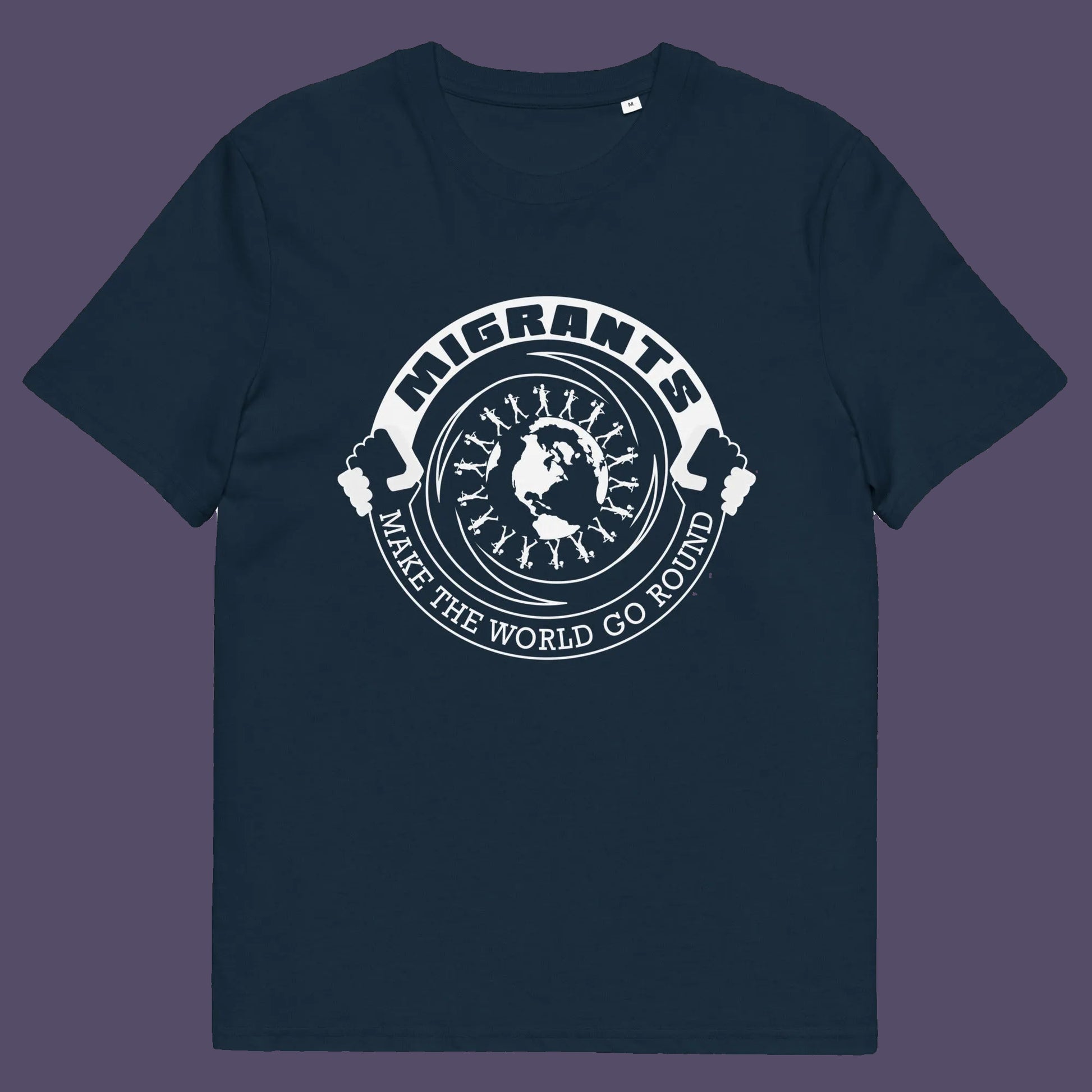 French navy t shirt. An anti racism t shirt showing support for migrants. If you believe that migrants help keep the gene pool fresh and encourage culture growth, or just believe there should be no borders, this migrant rights t shirt is for you. Made from 100% organic ring-spun cotton, this anti racism t shirt is unisex, high-quality, super comfy, and best of all, eco-friendly.