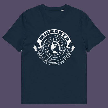 French navy t shirt. An anti racism t shirt showing support for migrants. If you believe that migrants help keep the gene pool fresh and encourage culture growth, or just believe there should be no borders, this migrant rights t shirt is for you. Made from 100% organic ring-spun cotton, this anti racism t shirt is unisex, high-quality, super comfy, and best of all, eco-friendly.