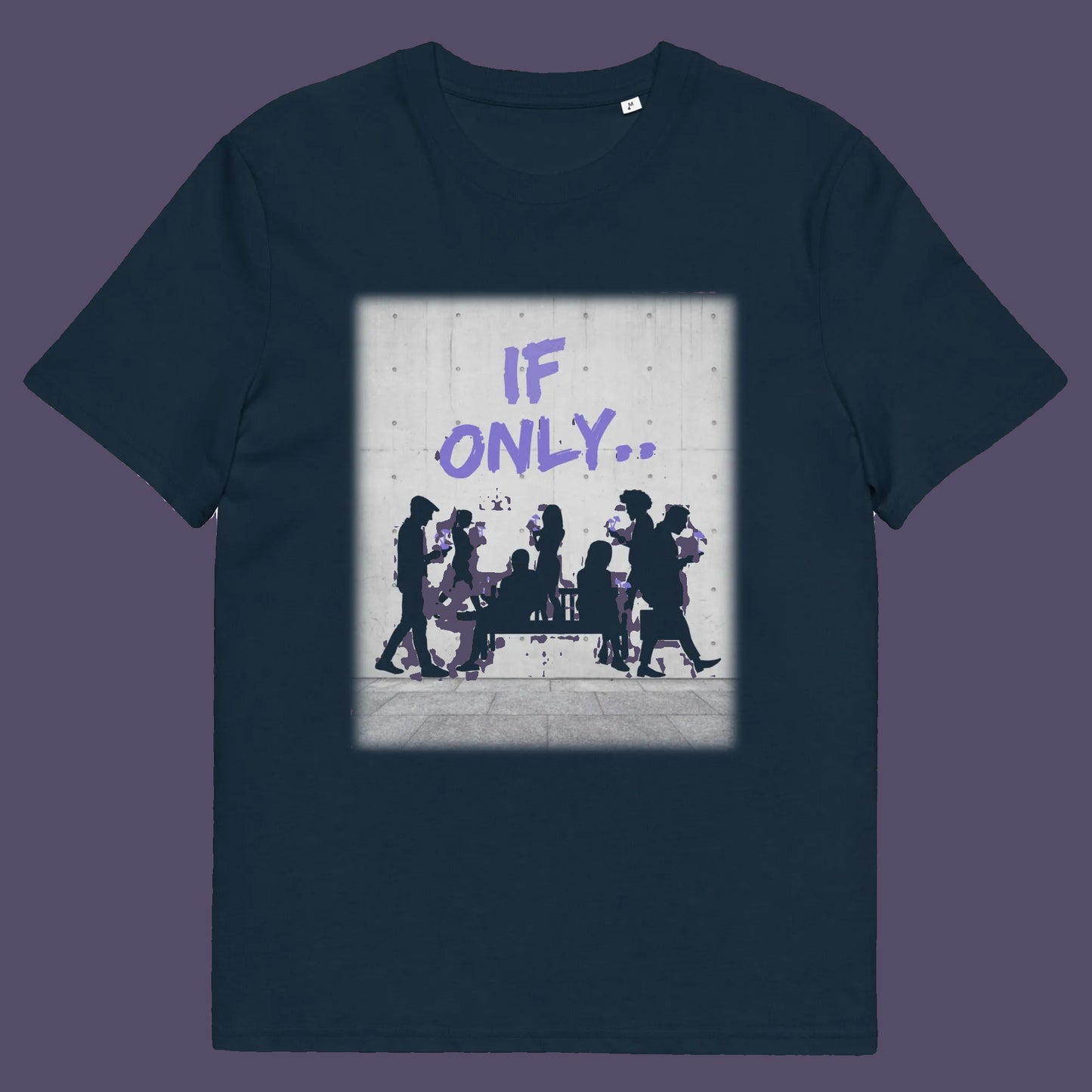 French navy t shirt. An anti mobile phone abuse t shirt in a stencil graffiti art design. Wouldn't it be a better world if people had something more mind expanding to be obsessed with other than a mobile phone. Made from 100% organic ring-spun cotton, this anti mobile phone abuse t shirt is unisex, high-quality, super comfy, and best of all, eco-friendly.