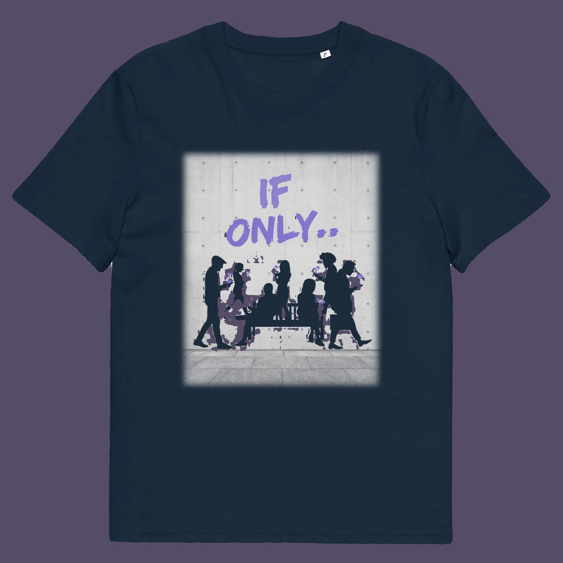 French navy t shirt. An anti mobile phone abuse t shirt in a stencil graffiti art design. Wouldn't it be a better world if people had something more mind expanding to be obsessed with other than a mobile phone. Made from 100% organic ring-spun cotton, this anti mobile phone abuse t shirt is unisex, high-quality, super comfy, and best of all, eco-friendly.