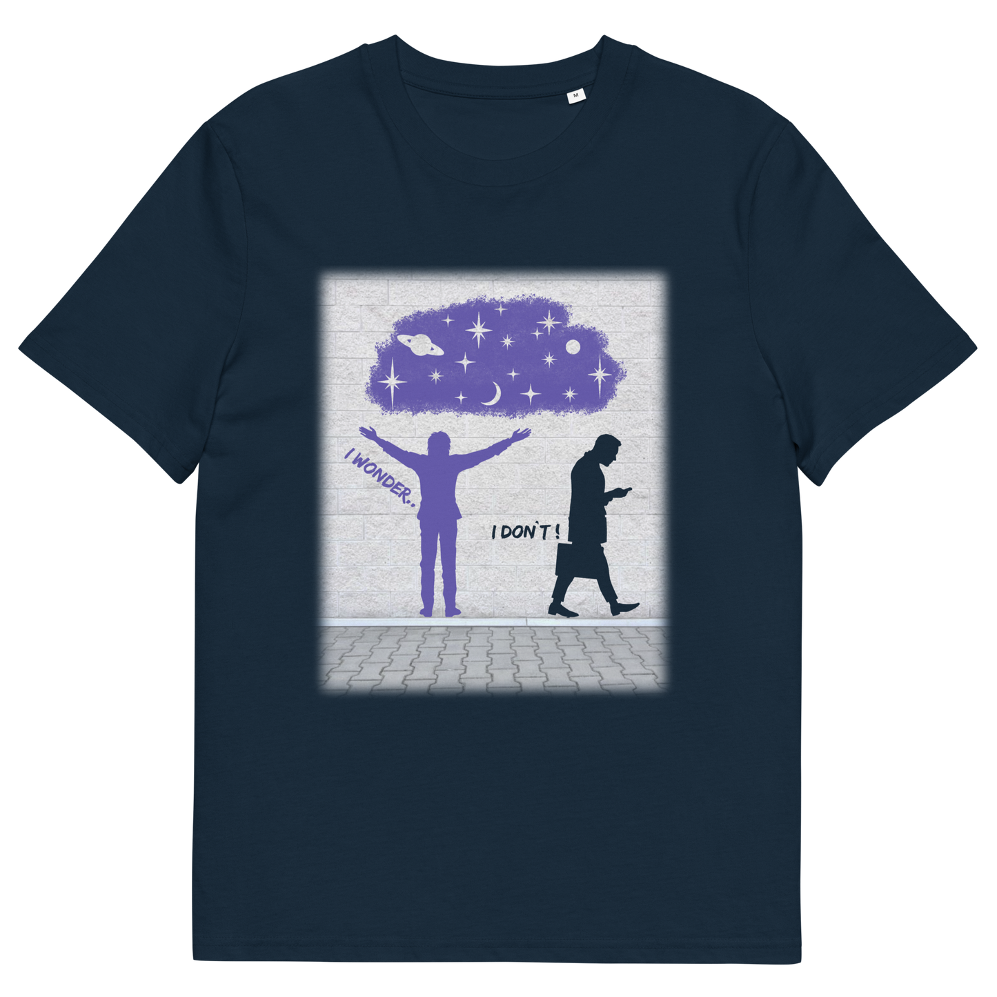 French navy t shirt. This anti mobile phone abuse t shirt light heartedly pokes fun at people who never look up from their phone. If you believe letting a machine do most of your thinking for you will dull your imagination, this satirical design is for you. Made from 100% organic ring-spun cotton, these anti mobile phone abuse t shirts are unisex, high quality, super comfy, and best of all, eco-friendly.