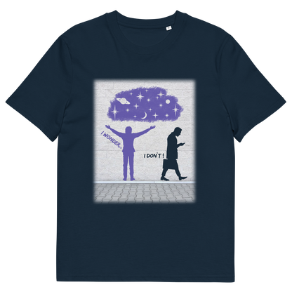 French navy t shirt. This anti mobile phone abuse t shirt light heartedly pokes fun at people who never look up from their phone. If you believe letting a machine do most of your thinking for you will dull your imagination, this satirical design is for you. Made from 100% organic ring-spun cotton, these anti mobile phone abuse t shirts are unisex, high quality, super comfy, and best of all, eco-friendly.