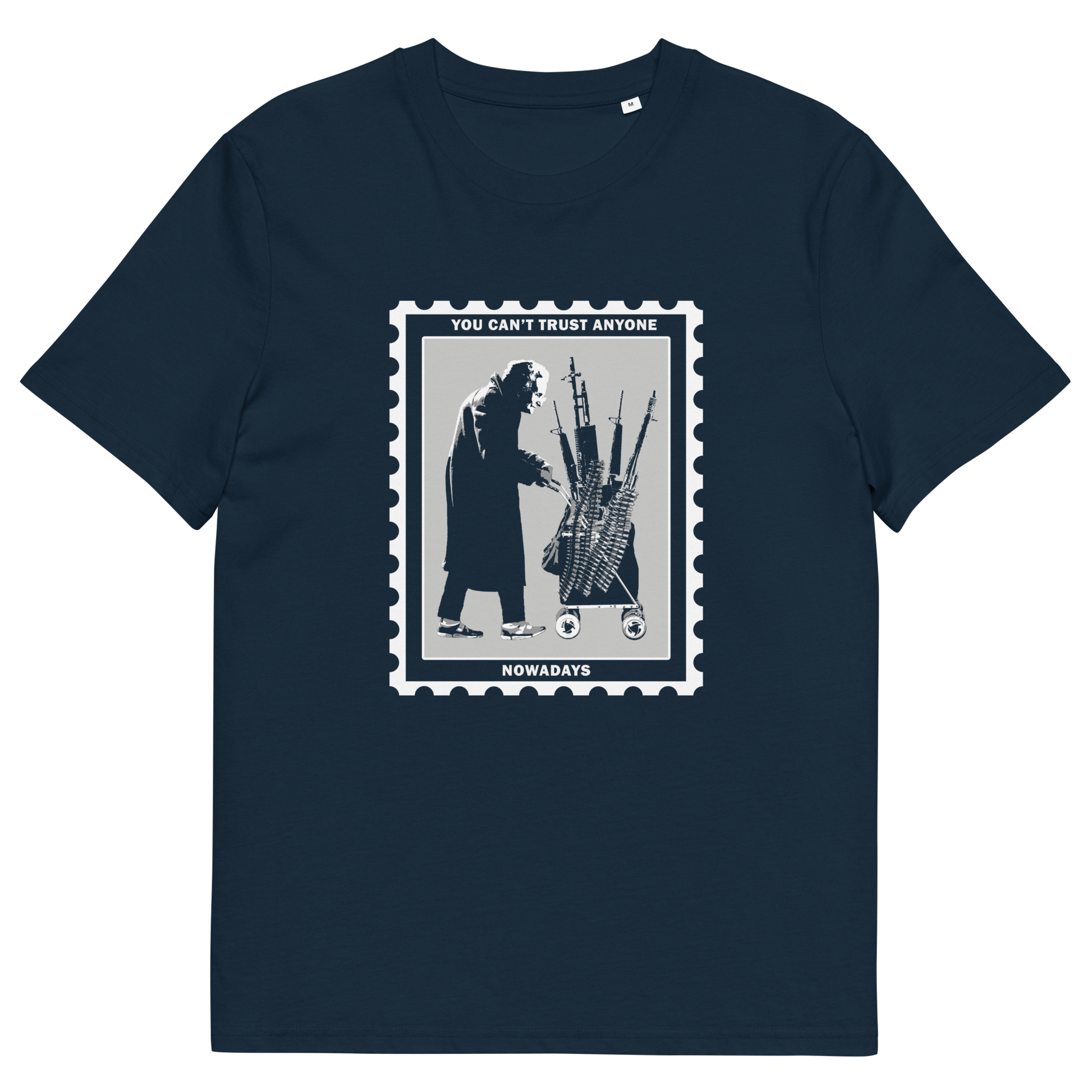 French navy t shirt. A stencil graffiti t shirt displaying a humorous view of how careful you have to be living in a culture of fear when you come from a more trusting generation. Made from 100% organic ring-spun cotton, this urban art t shirt is unisex, high-quality, super comfy, and best of all, eco-friendly.