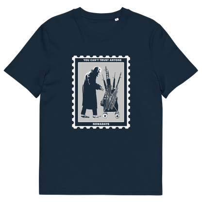 French navy t shirt. A stencil graffiti t shirt displaying a humorous view of how careful you have to be living in a culture of fear when you come from a more trusting generation. Made from 100% organic ring-spun cotton, this urban art t shirt is unisex, high-quality, super comfy, and best of all, eco-friendly.